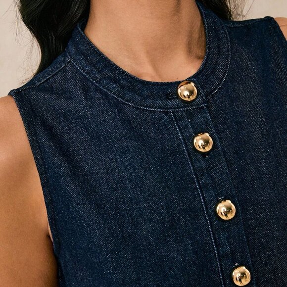 Dark Wash Casual Women's Denim Sleeveless A-Line Dress - Picture 8 of 8